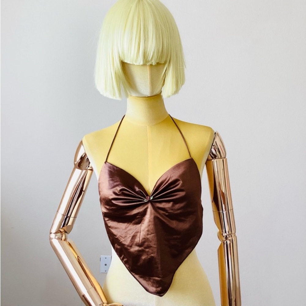 Y2K Cider Brown Bandana Satin backless Halter Top SZ S